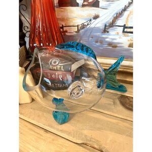 Vintage Blenko Style Glass Fish Vase Clear Art Glass Bowl with Aqua Blue Fins